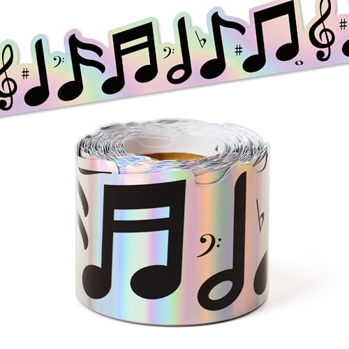 BeYumi Music Notes Border Trim - 65ft Back to School Musical Notes Holographic Straight Rolled Border Trim Iridescent Music Themed Bulletin Board Set Classroom Office Chalkboard Door Party Decoration - style: Musical Notes