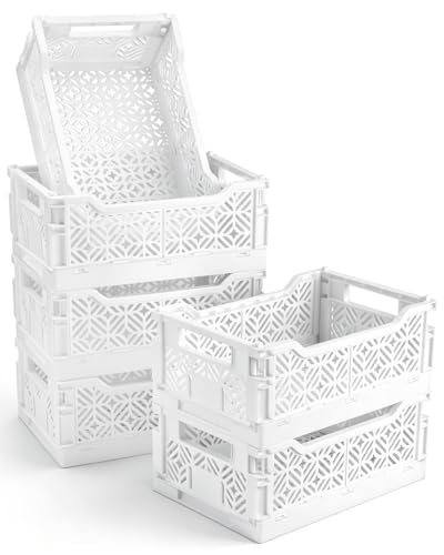 6 Pack Collapsible Storage Bins, White Plastic Crates for Storage with Label Slot,Stackable Plastic Storage Bins for Home Office Shelves Closet Kitchen,Space Saving for Daily Supplies（12.2"x8.3"x4.7") - color: White