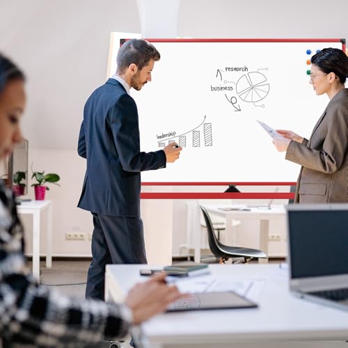 Rolling Whiteboard, 48x32 Inches Dry Erase Board with Stand, Magnetic Mobile Whiteboard on Wheels, Standing White Board for Office, School, Home, Large Double Sided White Board with Paper Pad - color: Red, size: 48"x32"