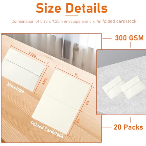 Guakicae Blank Cream Cards and Envelopes 5 x 7 Off White 300GSM Folded Cardstock and A7 Envelopes Printable Self Seal 20 packs for Wedding Invitations, Thank You Cards, Christmas - color: Off White, size: 5x7-20pcs