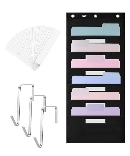 Mr. Pen- Hanging Wall File Organizer with 6 Name Tag, 6 Pocket | 3 Overdoor Hangers Included, Over The Door File Organizer, Hanging File Organizer for Wall, Steel, Black - color: Black, size: 1 Pack, 6 Pockets, with Name Tags