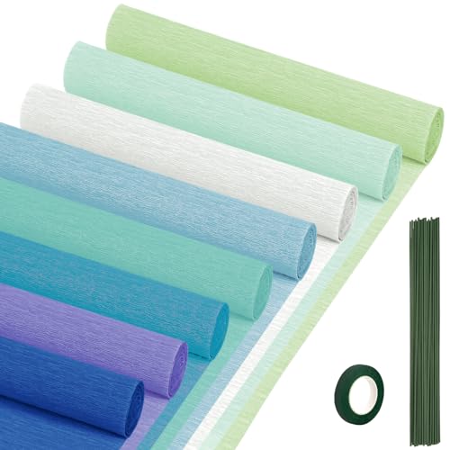 Crepe Paper Streamers 8 Rolls, 10 x 98Inch 8 Blue Colors Crepe Paper Sheets for DIY Gift Colourful Paper Flower Wrapping Paper Crafts Birthday Wedding Holiday Party Decorations - color: Blue