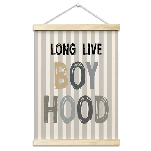 Long Live Boyhood Posters Hanger Frame for Boys Room Stripes Hanging Poster for Bedroom Kids Room Classroom Decor Wall Art Decor for Nursery Playroom Canvas Wall Art Print 16x12 Inches - YY065 - color: gray boyhood