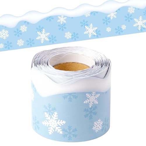 BeYumi Winter Snowflake Border Trim - 65ft Winter Snowflake Scalloped Rolled Border Trim Light Blue Christmas Bulletin Board Borders School Classroom Office Chalkboard Decor Party Decoration - style: Light Blue Winter Snowflake