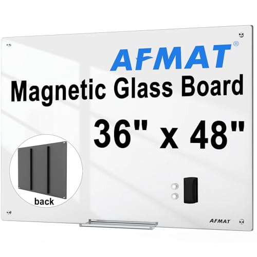 AFMAT Magnetic Glass Whiteboard 48" x 36", 4mm Tempered Glass Dry Erase Board, Large White Board for Wall, w/Magnetic Eraser & Magnets, Frameless Wall Mounted Glass White Board for Office Home School - color: Bright White, size: 48"W x 36"H