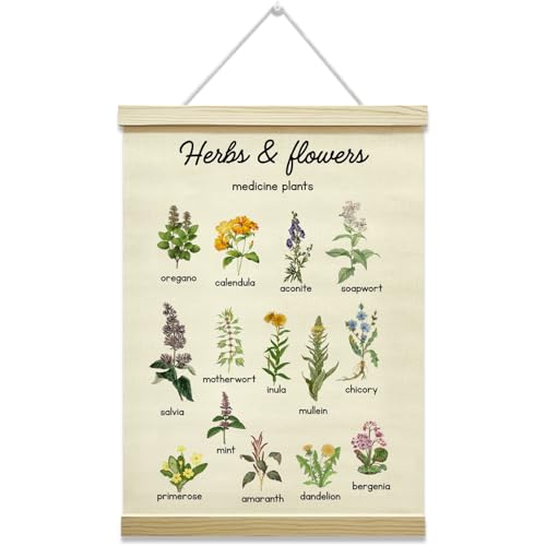 Herbs Flowers Poster Hanger Frame, Floral Rustic Style Wall Hanging Decor, Canvas Poster with Wood Frame, Home Office Bedroom Living Room Wall Decor, 12x16 Inches -33 - color: Herbs Flowers