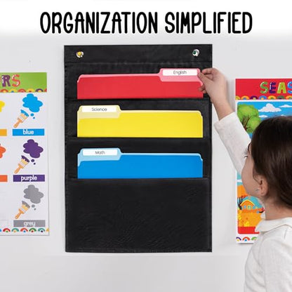 Essex Wares - 3 Pocket File Pocket Chart, Black, 14" Wide x 19.5" Tall - Versatile Wall Hanging File Folder Organizer for Classroom, Office, Home, and More - Wall Folder Organizer - 3 Pockets - size: 3 Pocket