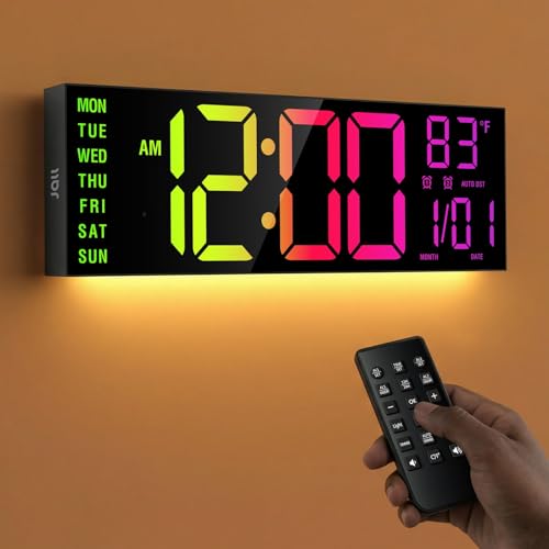 JALL 16" Large Digital Wall Mount Clock, Count Down Timer, Alarm, Big LED, RGB Color, DST, Temperature for Living Room Classroom Desk, Xmas, Birthday Gift for Senior Mom Dad (Black, 16 inches) - color: Black, size: 16 inches