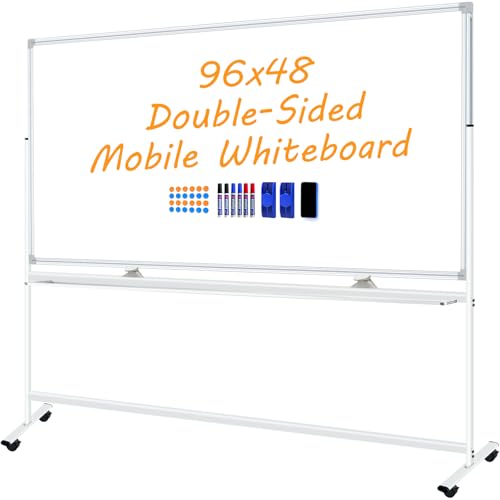 BSTPCOO Large Double-Sided Magnetic Mobile Whiteboard 96" x 48", Rolling Whiteboard on Wheels, 8' x 4' Dry Erase Board with Stand for Office, Classroom & Home, 3 Eraser, 6 Markers, 24 Magnets - color: Silver, size: 96" x 48"