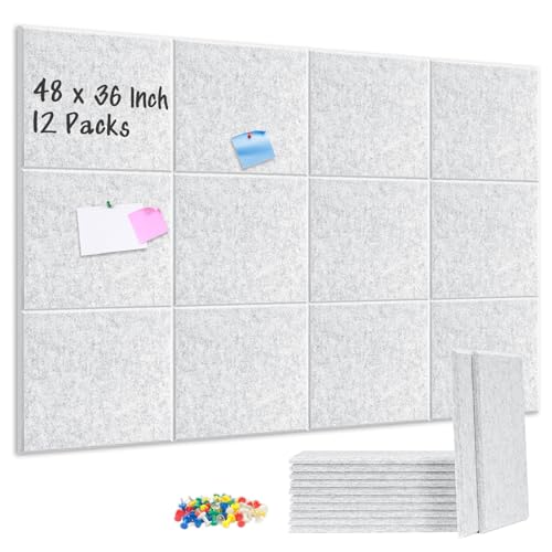 DOLLAR BOSS Felt Cork Board Tiles 48"x36" Bulletin Board, 12 Pcs Light Grey | 1/2" Thick, Self Adhesive, Acoustic Soundproof Panels for Walls, Includes 120 Pushpins, For Home Office Kitchen School - color: Light Grey, size: 12 PCS