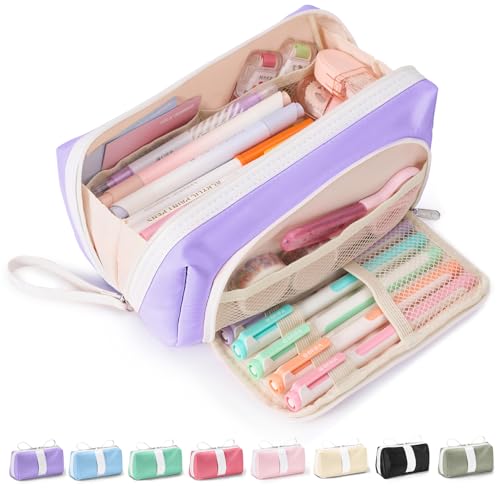 Sooez Big Capacity Pencil Case, Extra Large Pencil Pouch with Zipper Pocket, Wide Opening Pencil Bag, Portable Stationery Organizer, Cute Aesthetic School Office Supplies for Teens Girls, Purple - color: Purple