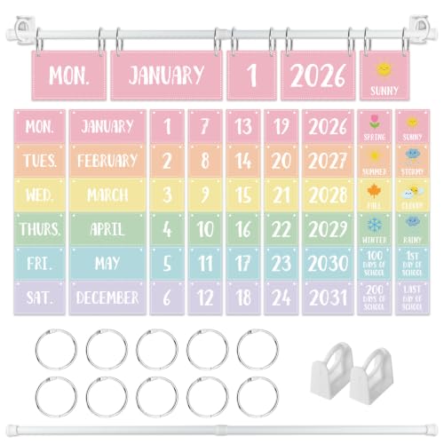 Flip Calendar for Classroom Pastel Calendar Bulletin Board Set with 68 Cards and Adjustable Rod for Classroom Home Decor - color: Pastel