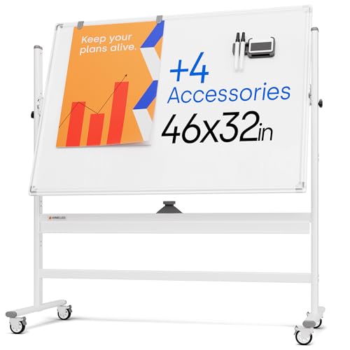 Rolling Dry Erase Board 46 x 32 - Large Portable Magnetic Whiteboard with Stand - Double Sided Easel Style with Wheels - Mobile Standing Whiteboard for Office, Classroom & Home - color: Pearl White, size: 46x32
