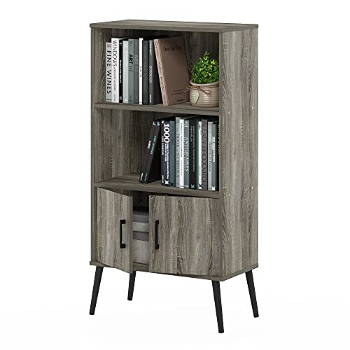 Furinno Claude Mid Century Style Accent Wooden Leg Bookcase Cabinet with Storage Organizer Shelves, French Oak Grey - color: French Oak Grey, size: Cabinet with Leg