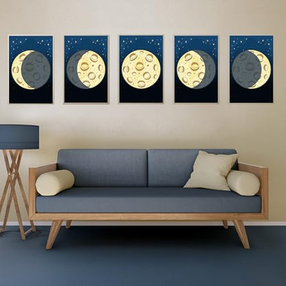 AMERICAN LUXURY GIFTS Moon Phases Wall Art for Kids – 5-Piece Galaxy Nursery Prints, Solar System Decor for Boys & Girls, Homeschool or Classroom Learning Posters – 11x17 Unframed Astronomy Artwork