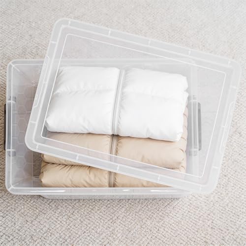 Citylife 48 Qt Ultra-Thick (3.82mm) Clear Plastic Storage Bins with Lids, 6-Pack Stackable Straight-Wall Closet Organizers with Honeycomb Base & Pinch-Free Latches for Garage, Clothes & Holiday Decor - size: 48 QT, style: 6 Pack