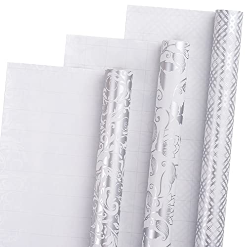 LeZakaa Silver Wrapping Paper Roll, Elegant Metallic Foil Gift Wrap with Floral and Plaid Pattern for Wedding, Anniversary, Birthday, Mothers Day, Bridal Shower, Christmas, 17 x 120 inches, Mini Roll - color: Classic-silver