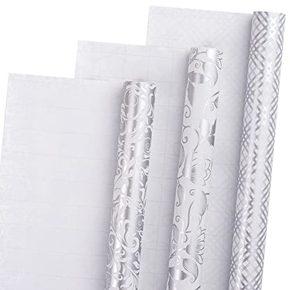 LeZakaa Silver Wrapping Paper Roll, Elegant Metallic Foil Gift Wrap with Floral and Plaid Pattern for Wedding, Anniversary, Birthday, Mothers Day, Bridal Shower, Christmas, 17 x 120 inches, Mini Roll - color: Classic-silver