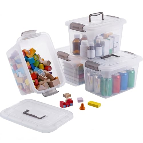Citylife 4 Packs 6 QT Storage Bins with Lids Clear Plastic Bins with Grey Handle Stackable Storage Containers for Organizing - size: 6.0QT, style: 4 PACK