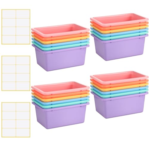 Outus 24 Pack Book Bins for Classroom Plastic Cubby Storage Bins Colored Kids Toy Organizer Container with 120 Pcs Self Adhesive Label for Student Teacher Library School Office Home(Macaron Color) - color: Macaron Color