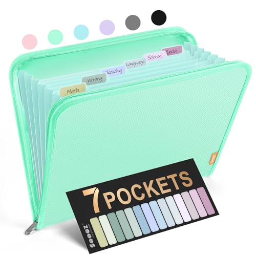 Sooez 7 Pockets Accordion File Organizer, Zipper Expanding File Folder, Heavy Duty Folder Organizer, Sleek Letter Size Accordion Folder, Portable Expandable File Folder for Documents, Green - color: Green, style: 7 Pocket