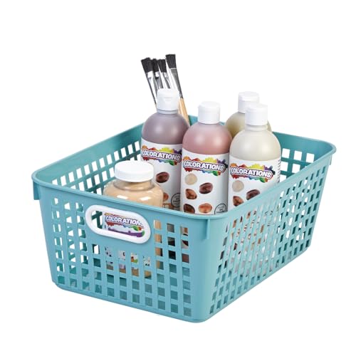 Really Good Stuff 160016WA Multi-Purpose Plastic Storage Baskets for Classroom or Home Use - Stackable Mesh Plastic Baskets with Grip Handles 13" x 10" (Water - Set of 12) - color: Water