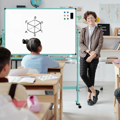 Rolling Whiteboard, 48x32 Inches Dry Erase Board with Stand, Magnetic Mobile Whiteboard on Wheels, Standing White Board for Office, School, Home, Large Double Sided White Board with Paper Pad - color: Light Blue, size: 48"x32"