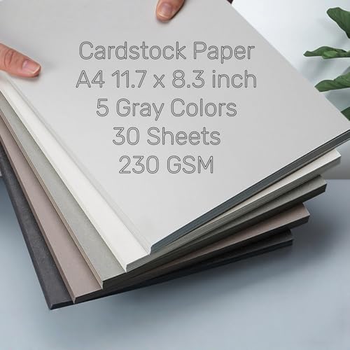 KYMY Gray Colored Cardstock Paper, 30 Sheets A4 Heavy Weight Card Stock 92lb/250gsm, 5 Assorted Grey Shades Thick Cardstock for Crafts, Card Making, Invitations, Scrapbooking, Printing, DIY Projects - color: Grey