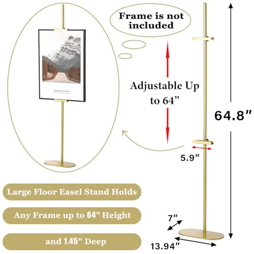 Easel Stand for Sign, Adjustable Display Stands for Frames up to 64", Gold Metal Floor Easels for Painting, Picture Frame Holder Easel for Art Signs Photos, Iron Easel with Base for Home Events