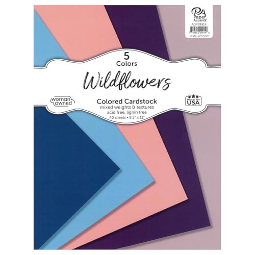 Accent Design Paper Accents Variety Pack, Wildflowers Cardstock Pack, 40 Sheets, 5 Coordinating Colors, Mixed Weights and Textures, Scrapbooking Cards and Crafts, 8.5x11 Inch - color: Wildflowers