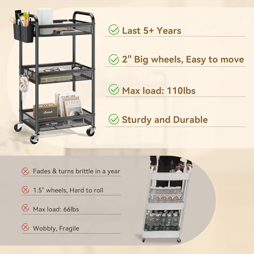 YASONIC 3 Tier Rolling Cart – Metal Utility Storage Carts with Wheels, Craft Cart Organizer with Hanging Cups, Hooks, Mesh Basket for Bedside Kitchen Office Art, Black - color: Black