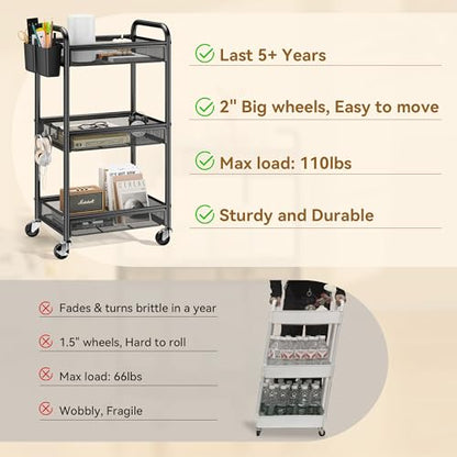 YASONIC 3 Tier Rolling Cart – Metal Utility Storage Carts with Wheels, Craft Cart Organizer with Hanging Cups, Hooks, Mesh Basket for Bedside Kitchen Office Art, Black - color: Black