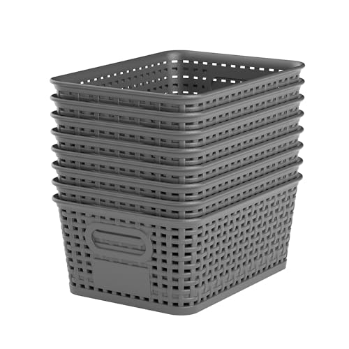 Gray Plastic Storage Baskets - Pack of 8 with Labels Stackable Durable Storage Bins, Storage Containers for Organizing Desks, Closets, Playrooms, Classrooms, Offices - color: Grey