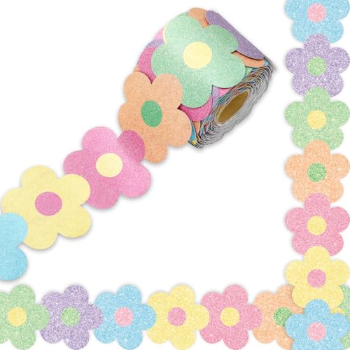 Whaline 65.6Ft Glitter Pastel Bulletin Board Border Floral Boho Flower Die Cut Trim Border Roll for Back to School Chalkboard Wall Decor - style: Pastel Flower