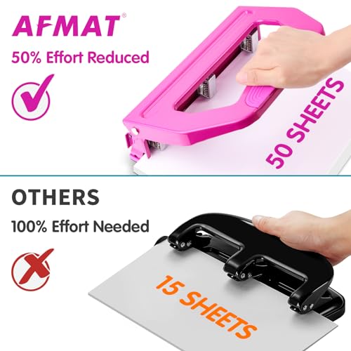 AFMAT 3 Hole Punch Heavy Duty, 9/32" Holes, 50-Sheet Hole Puncher 3 Ring, 50% Reduced Effort, Adjustable Two & Three Hole Punch, Metal Paper Puncher w/Large Chip Tray, Metal Paper Guide, HP18 - color: Purple