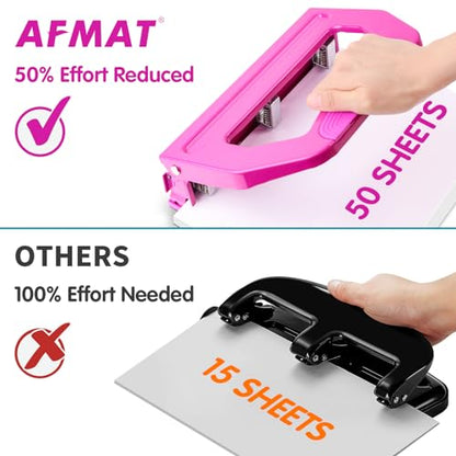 AFMAT 3 Hole Punch Heavy Duty, 9/32" Holes, 50-Sheet Hole Puncher 3 Ring, 50% Reduced Effort, Adjustable Two & Three Hole Punch, Metal Paper Puncher w/Large Chip Tray, Metal Paper Guide, HP18 - color: Purple