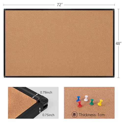 Extra Large Cork Bulletin Board 72" X 48", Black Aluminum Framed 6'x4' Corkboard for Wall, Wall Mounted Notice Pin Board with 18 Push Pins for School, Home & Office - size: 72" x 48"