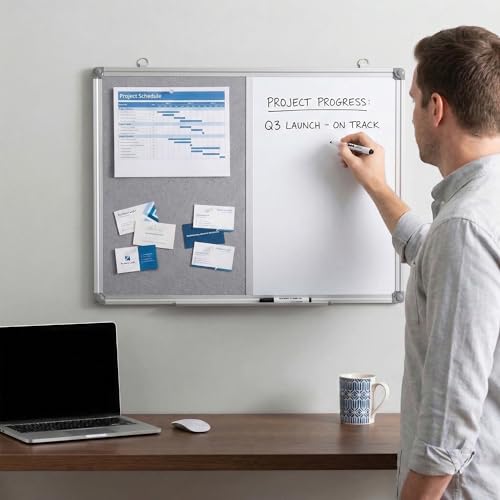 Bulletin Board Whiteboard Combo, 24" x 18" Fabric Magnetic Dry Erase Board | Half Dry-erase for Writing Half Grey Felt Bulletin Board for Pinning, Wall Mount Combination Board for Home Office School - size: 24" x 18"