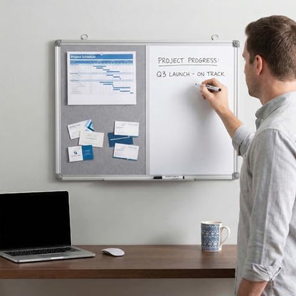 Bulletin Board Whiteboard Combo, 24" x 18" Fabric Magnetic Dry Erase Board | Half Dry-erase for Writing Half Grey Felt Bulletin Board for Pinning, Wall Mount Combination Board for Home Office School - size: 24" x 18"
