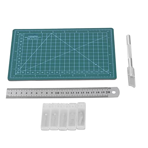 Fabric Cutting Mat, A5 15x22cm Plastic Mat with Steel Ruler and 25 Blades, for Cutting Wood Cardboard Paper Plastic Cloth Leather Foam Board