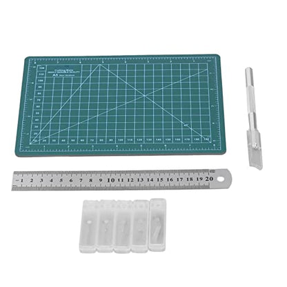 Fabric Cutting Mat, A5 15x22cm Plastic Mat with Steel Ruler and 25 Blades, for Cutting Wood Cardboard Paper Plastic Cloth Leather Foam Board