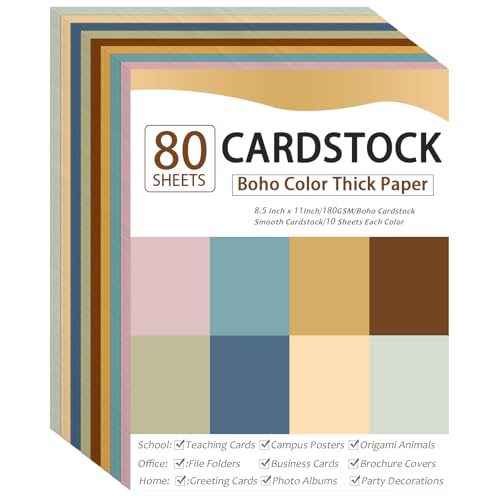 80 Sheets Cardstock Paper 8.5 x 11 Inches Thick Paper Card stock Colored Cardstock Papers 180gsm Solid Core Printer Papers for DIY Arts Crafts Card Making School Office Home Supplies (Boho) - color: Boho, size: 8.5x11in