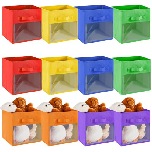 Marsui 12 Pcs Clear Cube Storage Bins Rainbow Colored Collapsible Kids Storage Bins Fabric Classroom Organizer with Window for Kid Playroom Room Daycare Nursery - color: Rainbow Color