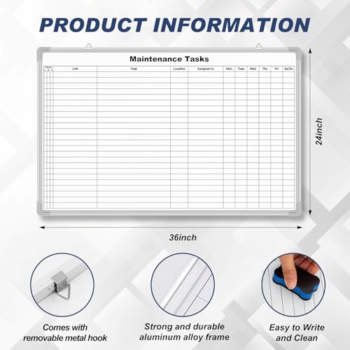 AmazingSpark Lined Whiteboard Blank Grid Aluminum Frame Dry Erase Board Reusable Wall Mounted Board for Scheduling, to Do Lists Weekly Planning Home Work (36 x 24 Inch,Horizontal Maintenance Tasks) - size: 25"W x 2"H, style: Horizontal Maintenance Tasks