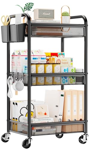YASONIC 3 Tier Rolling Cart – Metal Utility Storage Carts with Wheels, Craft Cart Organizer with Hanging Cups, Hooks, Mesh Basket for Bedside Kitchen Office Art, Black - color: Black