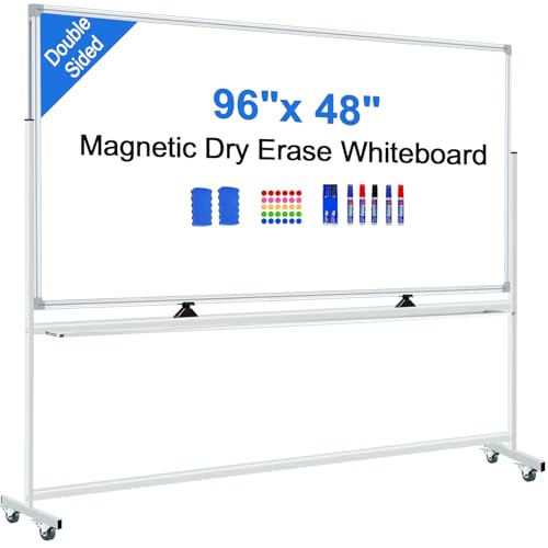 96"x48" Large Magnetic White Board Dry Erase Whiteboard with Rolling Stand 8’x4’ Double-Sided Mobile White Boards on Wheels, Including 3 Magnetic Erasers, 7 Markers, 30 Magnets - color: White, size: 96"W x 48"H