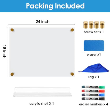 MaxGear Acrylic Dry Erase Board, 18"x24" Clear White Board for Wall - size: 24"W x 18"H