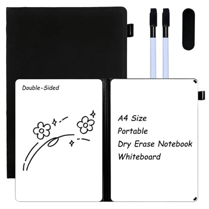 Portable Dry Erase Notebook White Board, Double Sided Folding Whiteboards with Pen and Erase, Small Dry Erase Board for Study, Meeting, Planning 12"x9" (A4), Anti-Ghosting, Black - color: Black