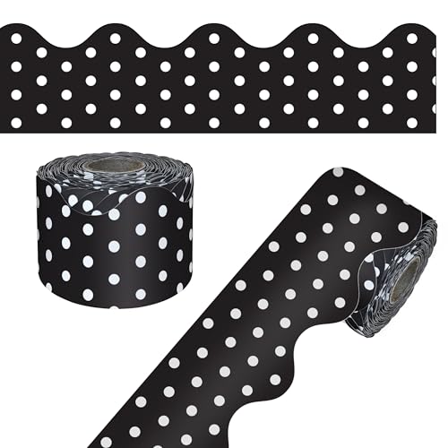 Carson Dellosa Education 65Ft of Black and White Bulletin Board Borders, 1 Roll of Scalloped Trim With Polka Dots for Rolling Whiteboard,Cork & Posterboard, Party, Office Decorations & Classroom Decor - color: Black with White Polka Dots, style: Scalloped