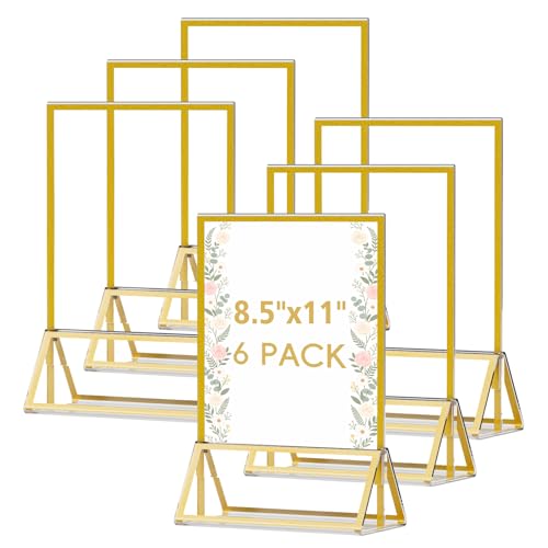 8.5"x11" Acrylic Sign Holder with Gold Frame, Double Sided Vertical Display Stand, Clear Tabletop Sign Holders, Menu Flyer Picture Paper Table Numbers Stand for Wedding, Party, Restaurant-6 Pack - size: 8.5"× 11"-6 Pack